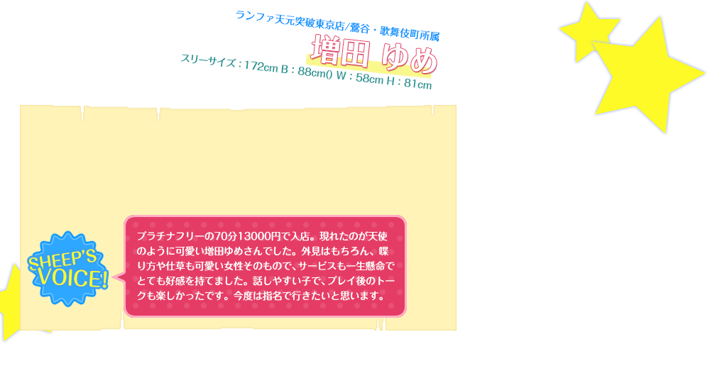 プラチナフリーの70分13000円で入店。現れたのが天使のように可愛い増田ゆめさんでした。外見はもちろん、喋り方や仕草も可愛い女性そのもので、サービスも一生懸命でとても好感を持てました。話しやすい子で、プレイ後のトークも楽しかったです。今度は指名で行きたいと思います。